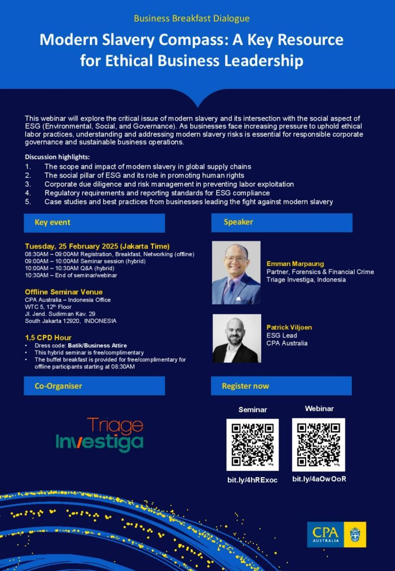 Triage Investiga akan Berbicara tentang ESG Risk dan Modern Slavery dengan CPA Australia