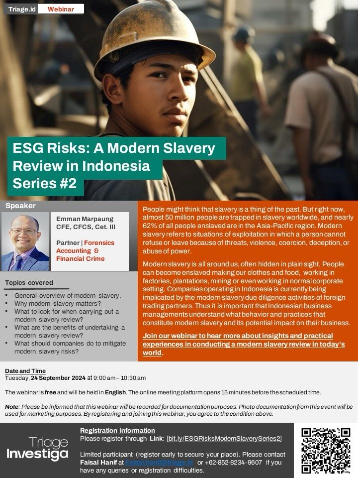 Triage Investiga Hosts 2nd Webinar Series on ESG Risks: Modern Slavery Review